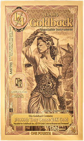 Goldback Idaho negotiable instrument with a woman holding scales, symbolizing justice.